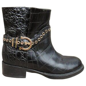 SALVATORE FERRAGAMO Nolas Eyelet Harness Ankle Boots 10 Croc Embossed Leather